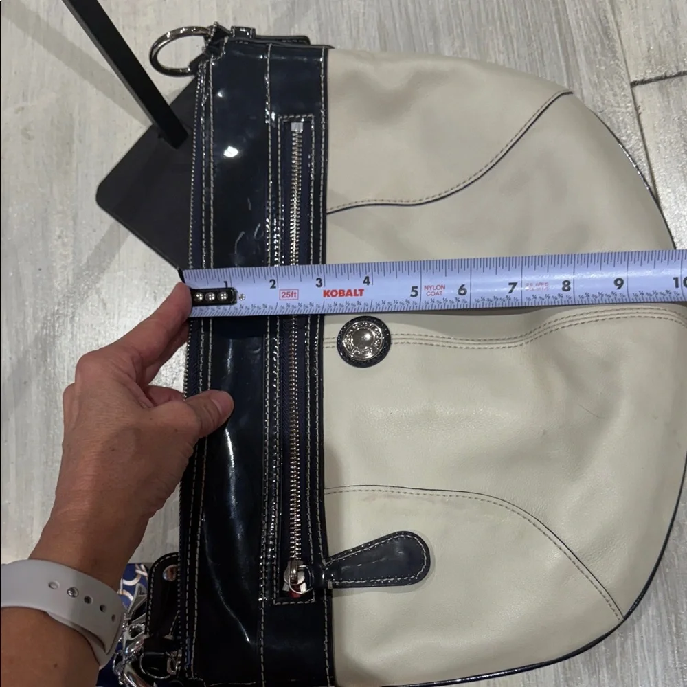 Coach Beige and Patent Dark Navy Shoulder Bag